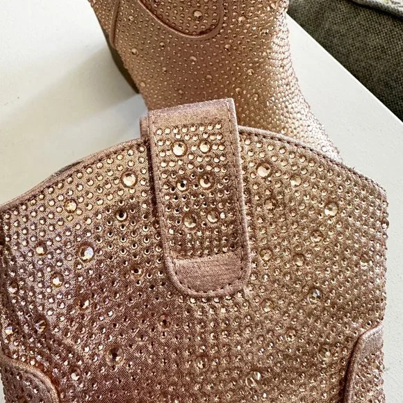 NEW🔥 Rose Gold Rhinestone Cowboy Cowgirl Western Ankle Booties Boots Block Heel - Picture 7 of 7